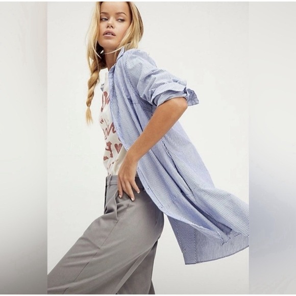 Free People All For You Striped Shirt Dress Blue Size Large Tunic Preppy Cotton - Picture 3 of 11